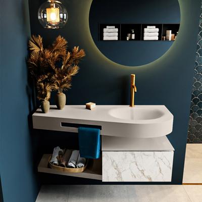 MONDIAZ RIVA 120cm badmeubel onderkast / planchet kleur carrara met 1 lade. Wastafel DULCET rechts 1 kraangat kleur Linen.