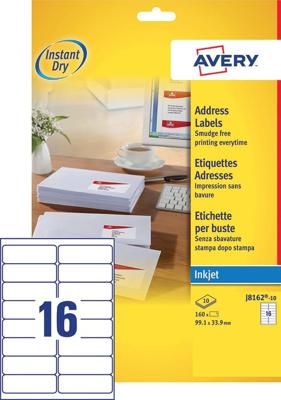 Avery J8162-10 adresetiketten ft 99,1 x 33,9 mm (b x h), 160 etiketten, wit Avery J8162-10 adresetiketten ft 99,1 x 33,9 mm (b x h), 160 etiketten, wit