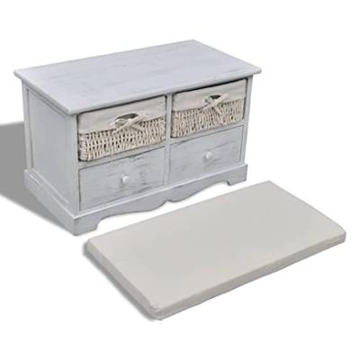 Houten opslagbank met 2 lades en 2 manden wit