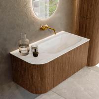 Mondiaz KURVE-DLUX 95 cm Onderkast Greeploos 1 Lade Met Deuren Walnut, Wastafel Solid Surface Rechts Ostra 0 Kraangaten Zonder Spiegel (KRVBGS95L1L1D0KR-Wal/Ost) - thumbnail