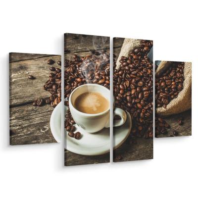 Schilderij - Een kop hete koffie en bonen, horeca, 4 luik, premium print