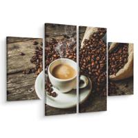 Schilderij - Een kop hete koffie en bonen, horeca, 4 luik, premium print - thumbnail