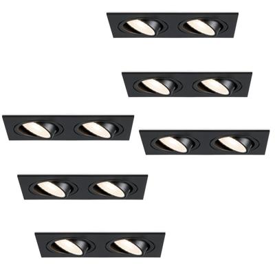 Set van 6 Mallorca LED inbouwspot - IP20 - Kantelbaar - 8 Watt 690 Lumen - 4000K Neutraal wit - Dubbel - GU10 - Dimbaar - Rechthoek - Voor binnen - Zwart