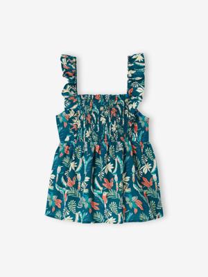 Gesmokte meisjesblouse met ruches op de bandjess groen Gesmokte meisjesblouse met ruches op de bandjess groen