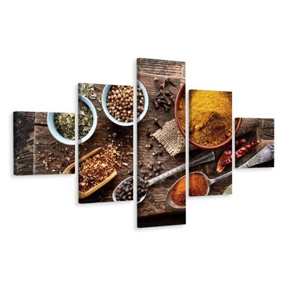 Schilderij - Houten plank met specerijen, 5luik, Premium print