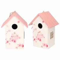 2x Nestkast/vogelhuisje Hout Wit Met Roze Dak 15 X 12 X 22 Cm - Vogelhuisjes - thumbnail