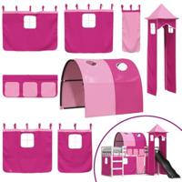 Stapelbed met glijbaan en gordijnen roze 90x200 cm - thumbnail