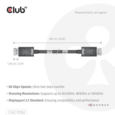 club3D CAC-1092 DisplayPort-kabel DisplayPort Aansluitkabel 1.6 m Zwart