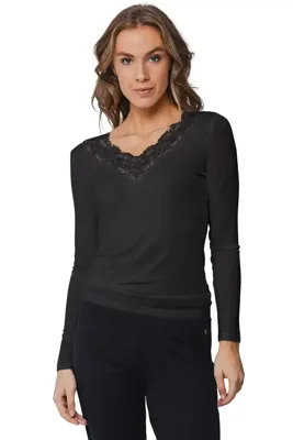 Pastunette wollen/modal kanten dames shirt lange mouw - Kanten dames ondershirt met diepe hals