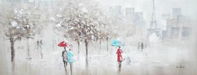 Schilderij - Handgeschilderd - Wandeling in Parijs 150x60cm