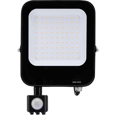 LED Bouwlamp met Bewegingssensor - 50W Schijnwerper IP65 - 4000K Mat Zwart