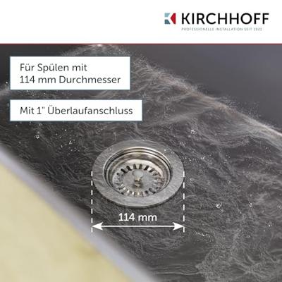 Kirchhoff Kunststof korfventiel, 1 1/2" ET, RVS ventielbeker & zeef Ø114 mm, met 1" overloopaansluiting - 98835340 Kirchhoff Kunststof korfventiel, 1 1/2" ET, RVS ventielbeker & zeef Ø114 mm, met 1" overloopaansluiting - 98835340
