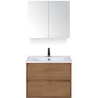 Porto Badmeubelset 70 cm - Honey - Keramische Wastafel Wit Slim met Spiegelkast - thumbnail