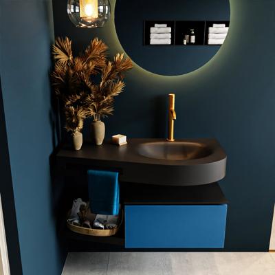 MONDIAZ RIVA 100cm badmeubel onderkast / planchet kleur Jeans met 1 lade. Wastafel DULCET rechts 1 kraangat kleur Urban.