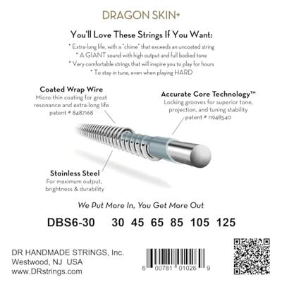 DR Strings Dragon Skin+ Coated Bass 6-string Medium 30-125 voor 6-snarige elektrische basgitaar