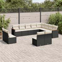 12-delige Loungeset met kussens poly rattan zwart - thumbnail
