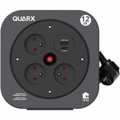 Haspel - QUARX - S-Box - 12m, 3 x 16A aansluitingen, USB Type A en C