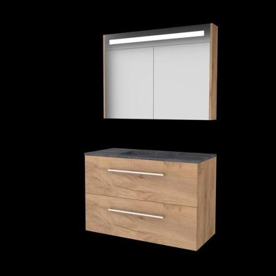 Basic-Line Premium 46 Badkamermeubelset - 100 x 46 cm - Met Grepen - 2 Lades - Hardstenen Wastafel - Zonder Kraangat - Spiegelkast met LED Verlichting - Whisky Oak