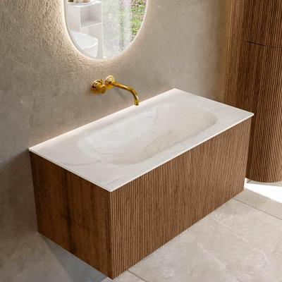 Mondiaz KURVE-DLUX 90 cm Onderkast Greeploos 1 Lade Zonder Deuren Walnut, Wastafel Solid Surface Midden Ostra 0 Kraangaten Zonder Spiegel (KRVBGS901L0D0KM-Wal/Ost)