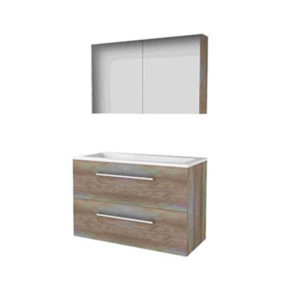 Basic-Line Comfort 46 Badkamermeubelset - 100 x 46 cm - Met Grepen - 2 Lades - Acryl Wastafel - Zonder Kraangat - Spiegelkast - Scotch Oak
