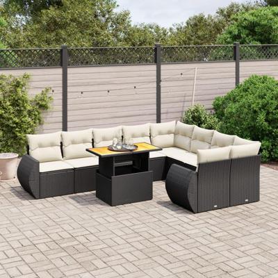 10-delige Loungeset met kussens poly rattan zwart