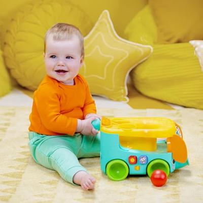 BRIGHT STARS Olifanten Safari Bus, Lanceerder en Ballenglijbaan vanaf 6 maanden, 3 ballen inbegrepen, licht, +30 liedjes en melodieën