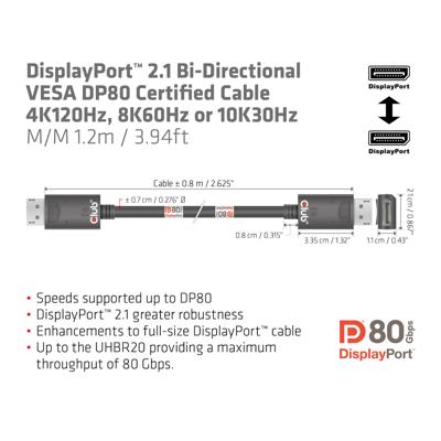 Club 3D displayport 2.1 vesa dp80 gecertificeerde kabel male-male (zwart, 1,2 meter, 4k 240hz, 8k 60hz, 80gbps)