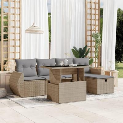 6-delige Loungeset met kussens poly rattan beige