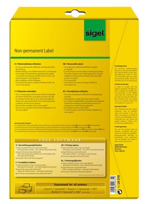 Sigel LA230 Universele etiketten 210 x 297 mm Papier Wit 25 stuk(s) Weer verwijderbaar Inkjet, Laser (zwart/wit), Laser (kleur), Kopiëren (zwart/wit), Kopiëren