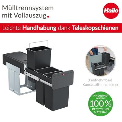 Hailo 0310-300 EcoLine Design Trio L Inbouwafvalemmer 3x10L Zwart