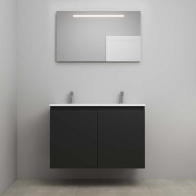 On-Line Badkamermeubelset - 100 cm - Bouwpakket - Greeploos 2 Deuren - Acryl Wastafel - 2 Kraangaten - Spiegel met LED-Verlichting - Mat Zwart
