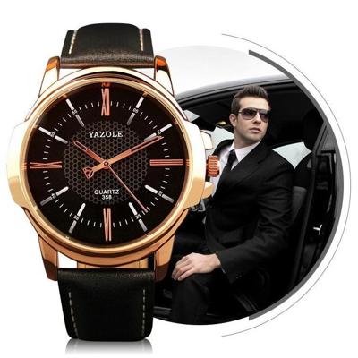 358 YAZOLE mannen mode Business Waterproof leer Band Quartz Wrist Watch(Black)