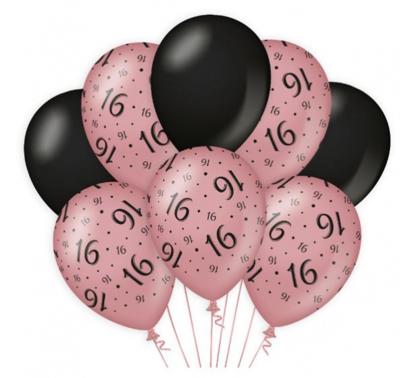 Ballonnen 16 Jaar Roze/Zwart (8st)