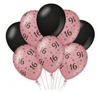 Ballonnen 16 Jaar Roze/Zwart (8st) - thumbnail