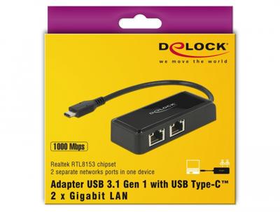 DeLOCK 63927 kabeladapter/verloopstukje USB 3.1 Gen 1 Type-C 2x RJ-45 Zwart