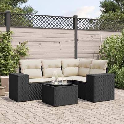 5-delige Loungeset met kussens poly rattan zwart