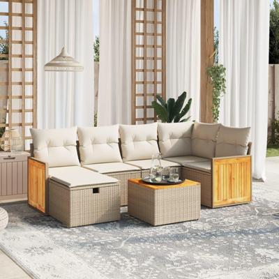 7-delige Loungeset met kussens poly rattan beige