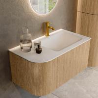 Mondiaz KURVE 85 cm Onderkast Greeploos 1 Lade Met Deuren Oak, Wastafel Solid Surface Rechts Talc 1 Kraangat Zonder Spiegel (KRVCLO85L1L1D1KR-Oak/Tal) - thumbnail