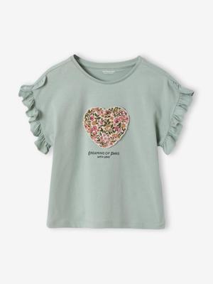 T-shirt voor meisjes met romantisch motief, korte mouwen met ruches saliegroen