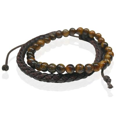 LGT JWLS Natuursteen en Leren Armbandenset - Bruin - Heren Sieraden - Tijgeroog en Leder - voor Mannen
