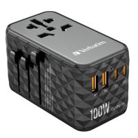 Verbatim GaN universele reisadapter UTA‑06 100 W, stekkeradapter met 2 USB‑A en 2 USB-C poorten, snellader voor laptop, mobiele telefoon, camera en co, reisstekker wereldwijd inzetbaar, 100-250 V - thumbnail