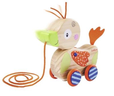 Jonotoys Eichhorn kwak houten trek eend aan koord met beweegbaar hoofd.