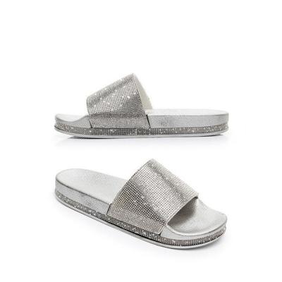 Rhinestone Women Slippers Bling Beach Slides Size:40(Silver)