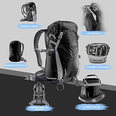 Mantona Elements Outdoor-rugzak (met uitneembare cameratas voor DSLR-camera incl. regenhoes/laptopvak/statiefhouder), zwart