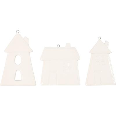 Creativ Company Hangende ornamenten, huizen, h: 7,6-9,7 cm, wit, 3 stuk/ 1 doos