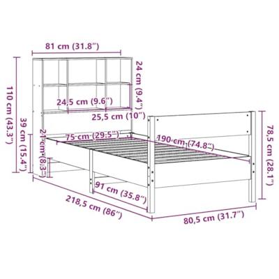 Bed met boekenkast zonder matras grenenhout wasbruin 75x190 cm