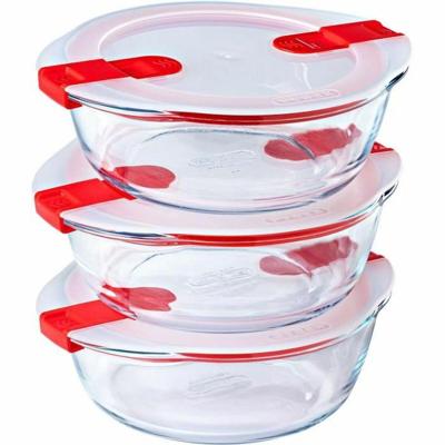 Set van 3 lunchboxen - PYREX - Cook & Heat - Glas - Rond - Deksel met stoomventielen, magnetronbestendig - 1,1 L