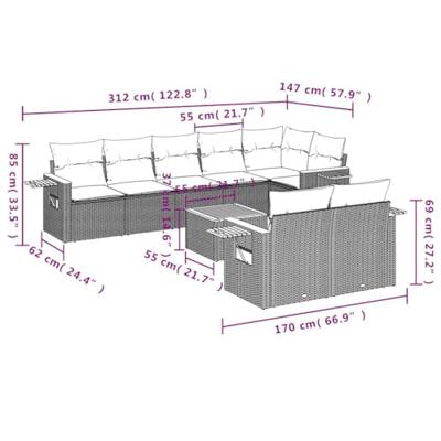 9-delige Loungeset met kussens poly rattan grijs - thumbnail