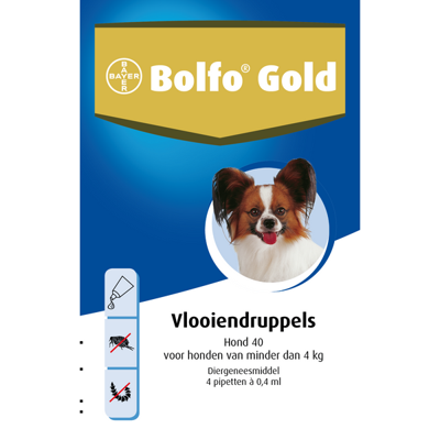 Bolfo Gold 40 Vlooiendruppels voor kleine hond (tot 4 kg) 2 x 4 pipetten Bolfo Gold 40 Vlooiendruppels voor kleine hond (tot 4 kg) 2 x 4 pipetten