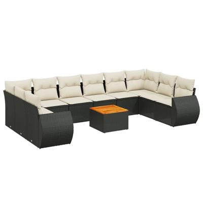 11-delige Loungeset met kussens poly rattan zwart